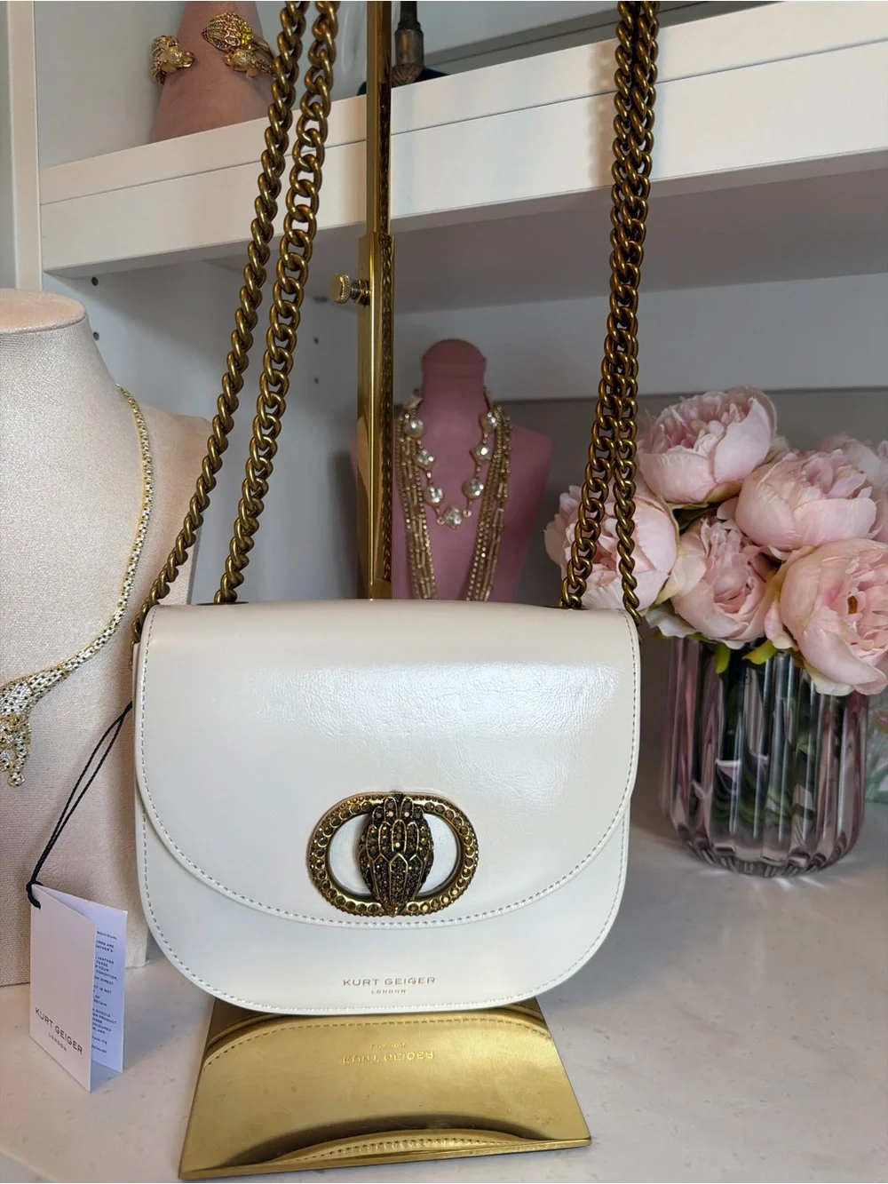 Kurt Geiger Bone Cream Leather Chain Saddle Bag Bronze Eagle Head Hardware